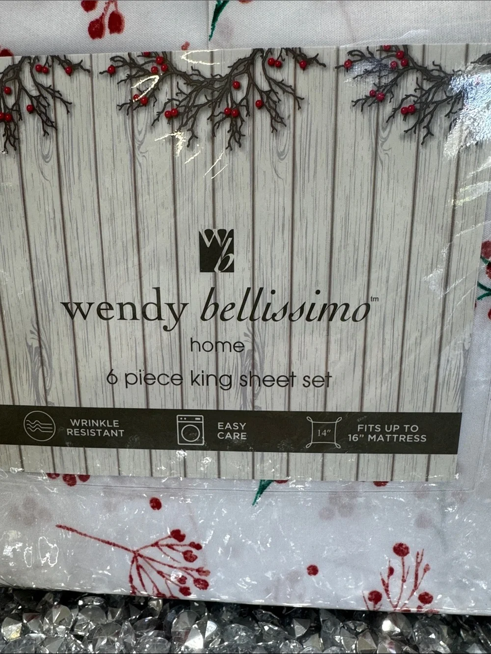 Wendy Bellissimo White Sheet Set with Red & Green Berry Sprig Print NEW
